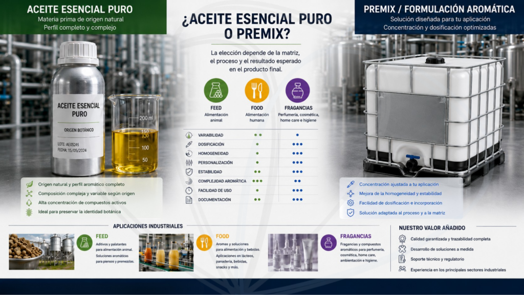 aceite esencial puro o premix para aplicaciones industriales